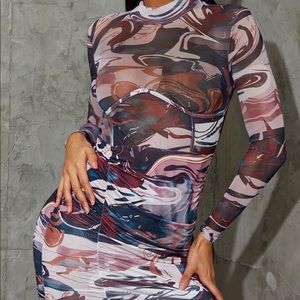 Multi Swirl Print mesh bodycon dress